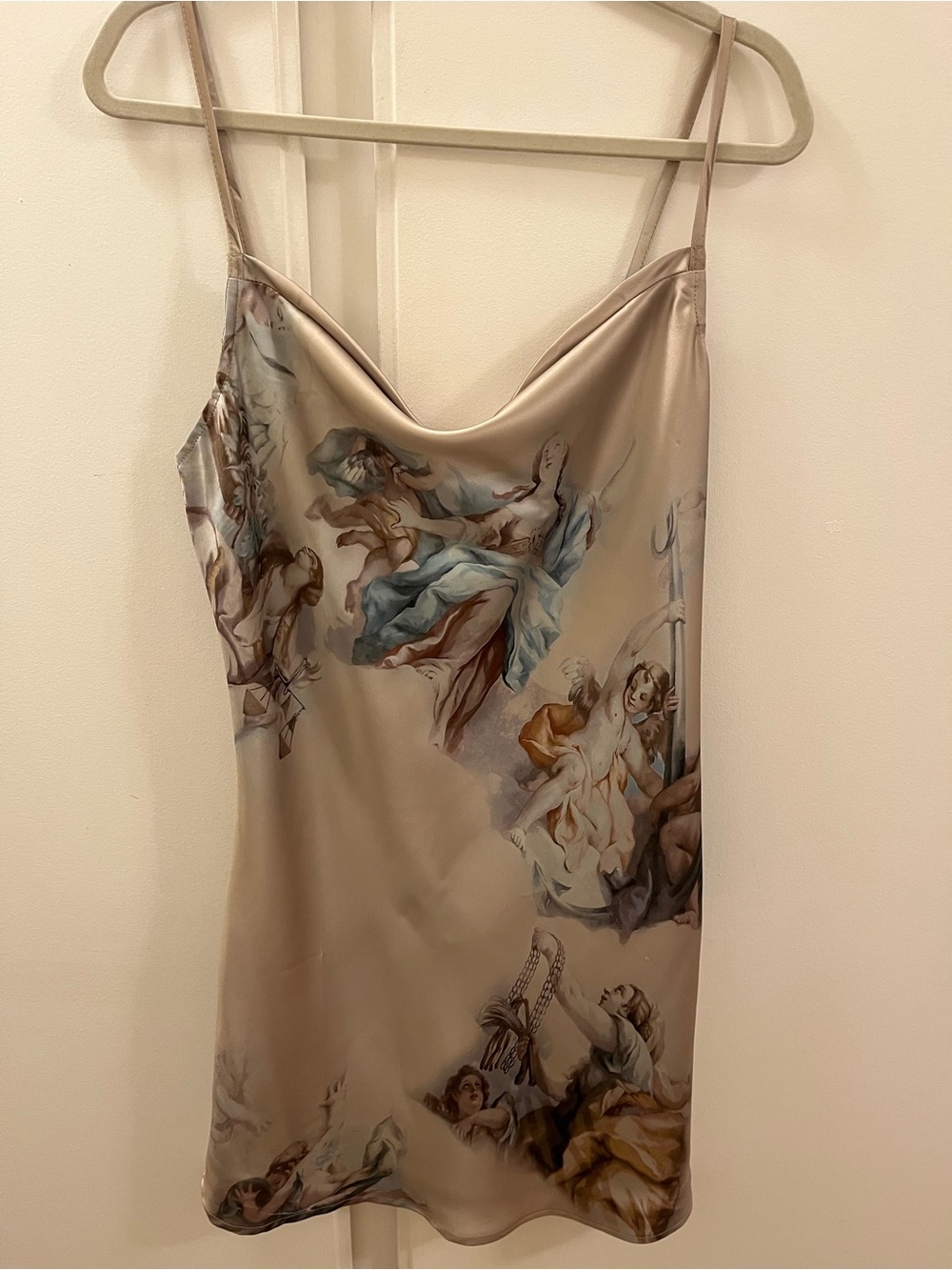 Finesse Renaissance Cherub Print Satin Slip Mini Dress - Size Medium